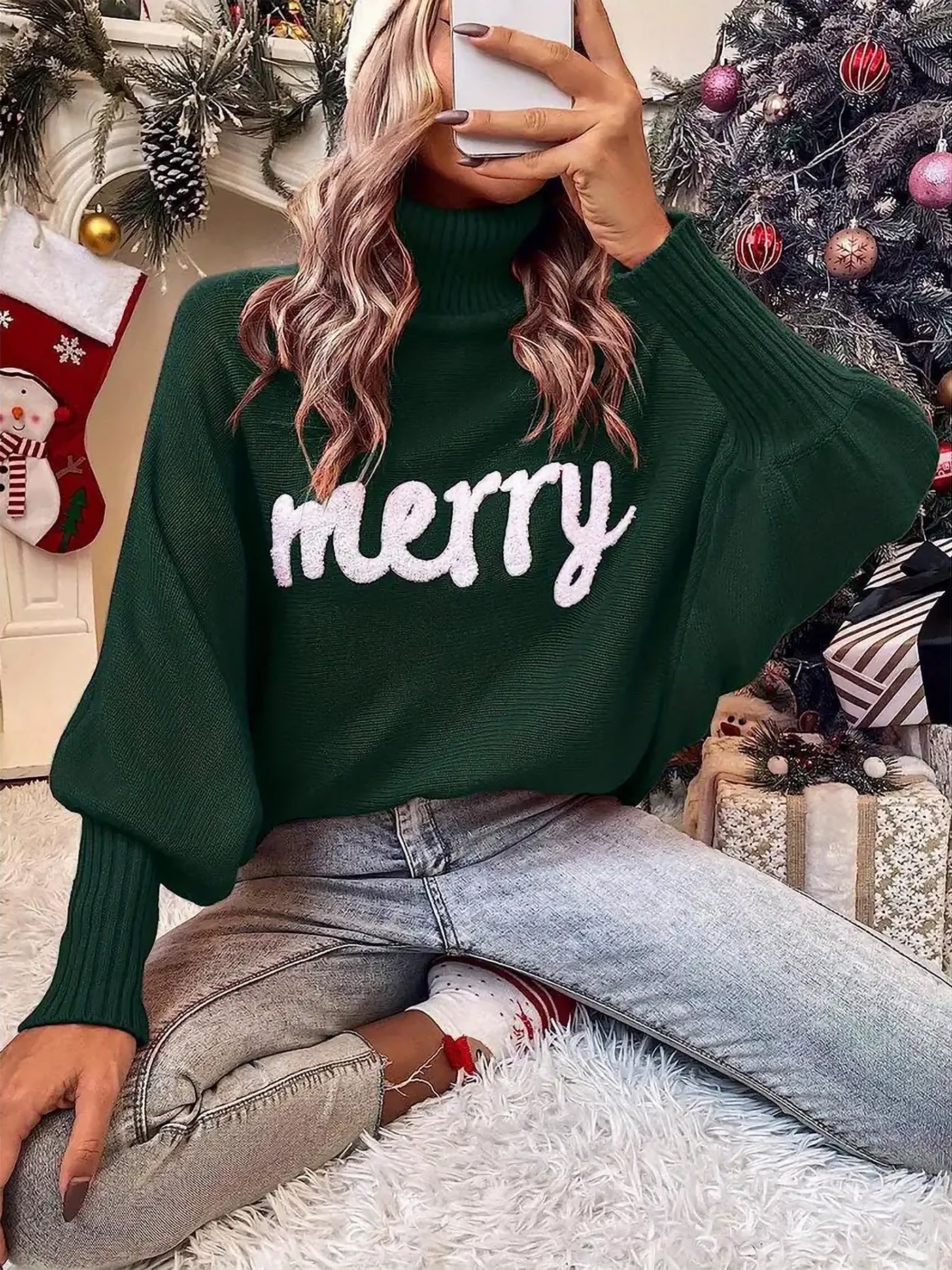 Allegra K Merry Christmas Loose Bat Sleeve Turtle Neck Sweater