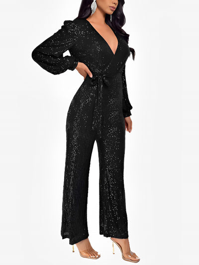 Deep V Neck Sequin Glitter Belted Long Sleeves Jumpsuits