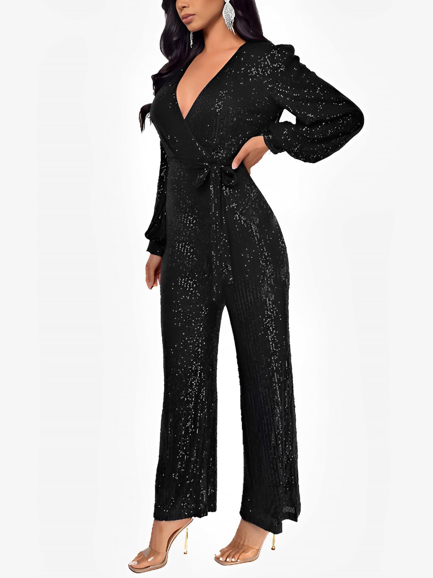 Allegra K Deep V Neck Sequin Glitter Belted Long Sleeves Jumpsuits