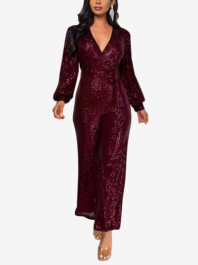 Deep V Neck Sequin Glitter Belted Long Sleeves Jumpsuits