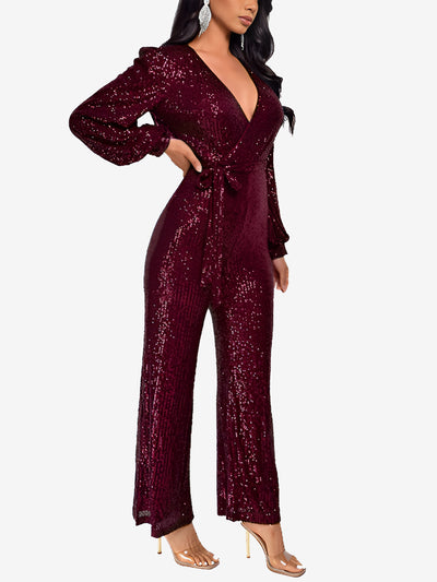 Deep V Neck Sequin Glitter Belted Long Sleeves Jumpsuits