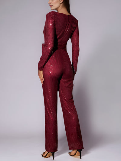 Deep V Neck Sequin Glitter Belted Long Sleeves Jumpsuits