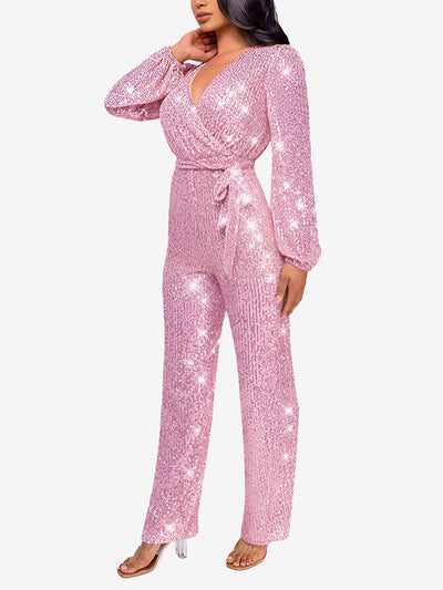 Deep V Neck Sequin Glitter Belted Long Sleeves Jumpsuits