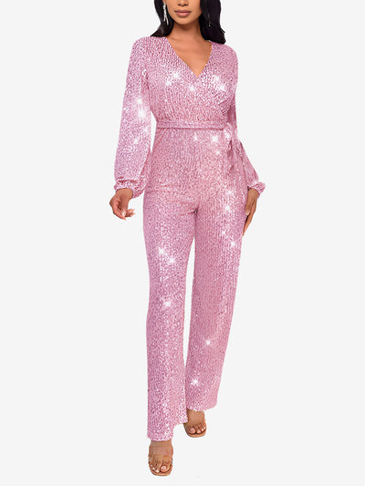 Deep V Neck Sequin Glitter Belted Long Sleeves Jumpsuits