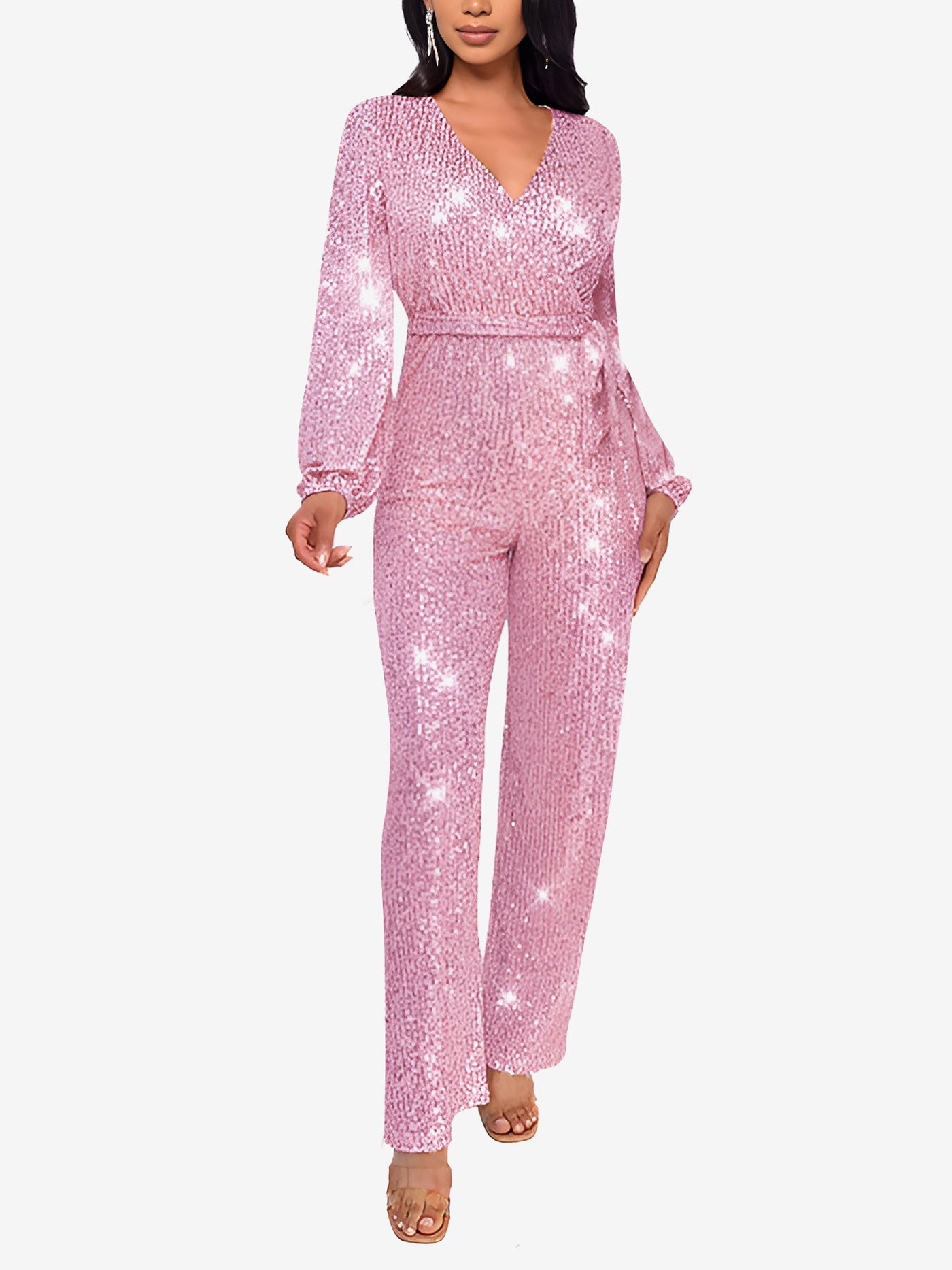 Allegra K Deep V Neck Sequin Glitter Belted Long Sleeves Jumpsuits