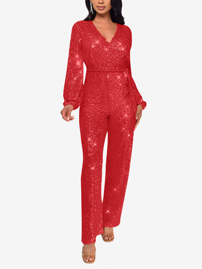 Deep V Neck Sequin Glitter Belted Long Sleeves Jumpsuits