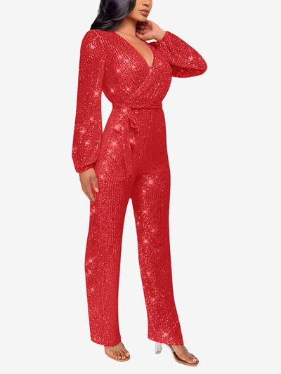 Deep V Neck Sequin Glitter Belted Long Sleeves Jumpsuits