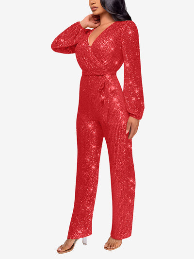 Deep V Neck Sequin Glitter Belted Long Sleeves Jumpsuits