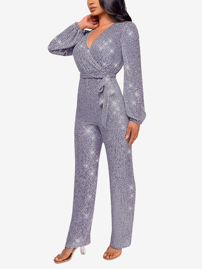 Deep V Neck Sequin Glitter Belted Long Sleeves Jumpsuits