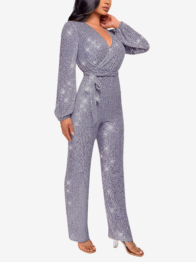 Deep V Neck Sequin Glitter Belted Long Sleeves Jumpsuits