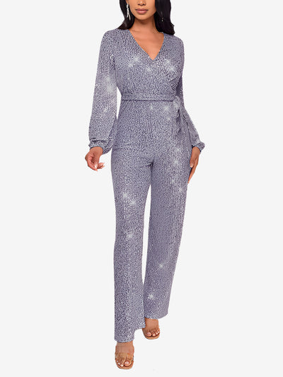 Deep V Neck Sequin Glitter Belted Long Sleeves Jumpsuits