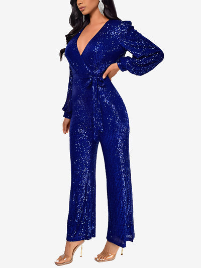 Deep V Neck Sequin Glitter Belted Long Sleeves Jumpsuits