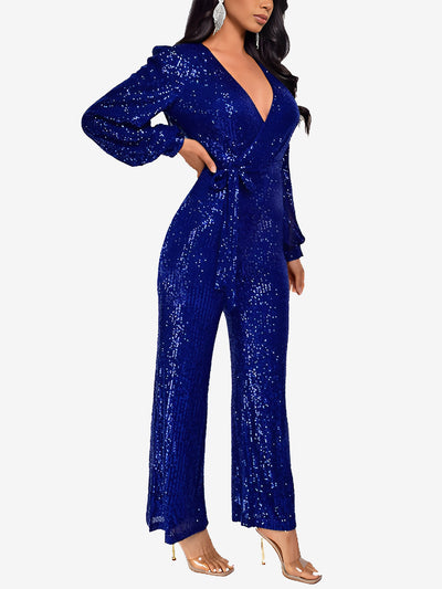 Deep V Neck Sequin Glitter Belted Long Sleeves Jumpsuits