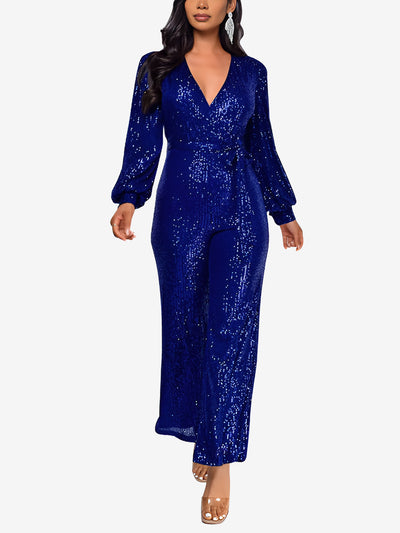 Deep V Neck Sequin Glitter Belted Long Sleeves Jumpsuits