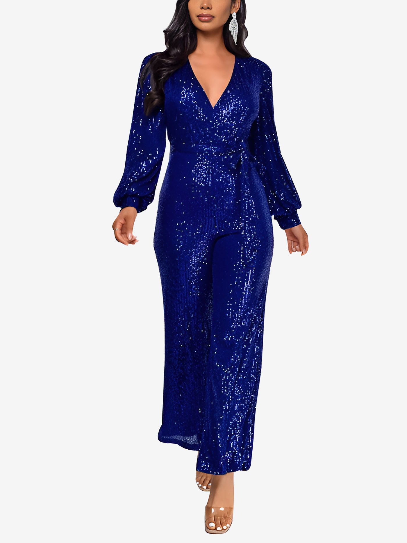 Allegra K Deep V Neck Sequin Glitter Belted Long Sleeves Jumpsuits