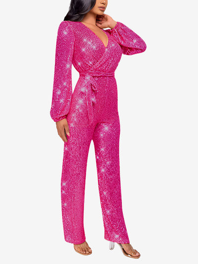 Deep V Neck Sequin Glitter Belted Long Sleeves Jumpsuits