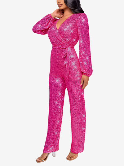 Deep V Neck Sequin Glitter Belted Long Sleeves Jumpsuits