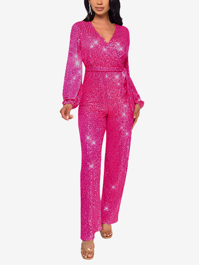 Deep V Neck Sequin Glitter Belted Long Sleeves Jumpsuits