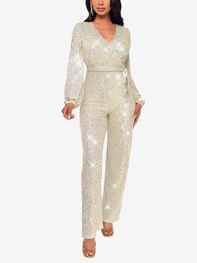 Deep V Neck Sequin Glitter Belted Long Sleeves Jumpsuits