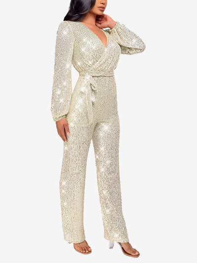 Deep V Neck Sequin Glitter Belted Long Sleeves Jumpsuits