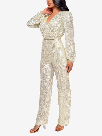 Deep V Neck Sequin Glitter Belted Long Sleeves Jumpsuits