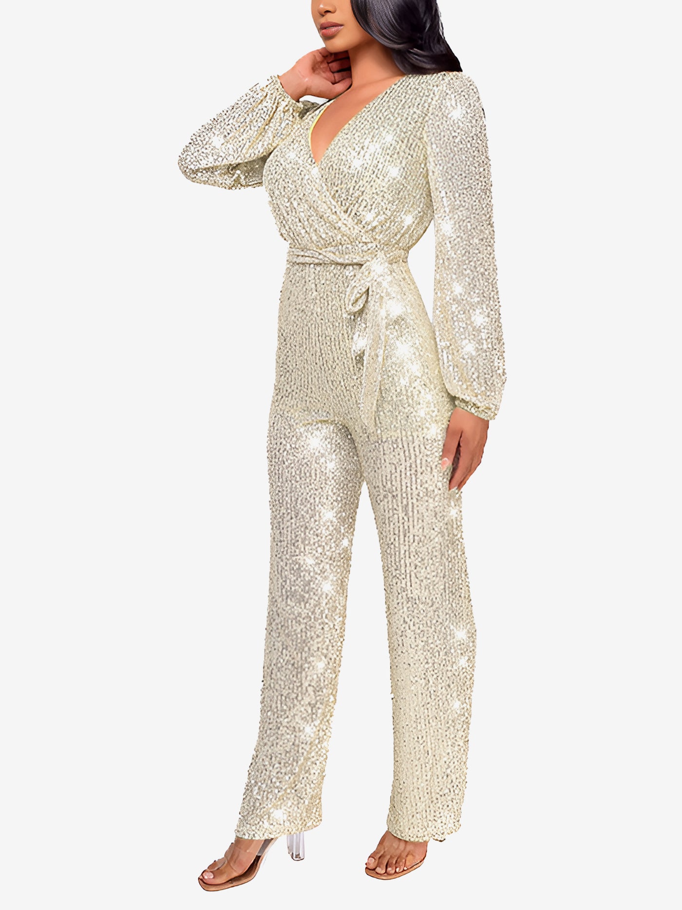 Allegra K Deep V Neck Sequin Glitter Belted Long Sleeves Jumpsuits