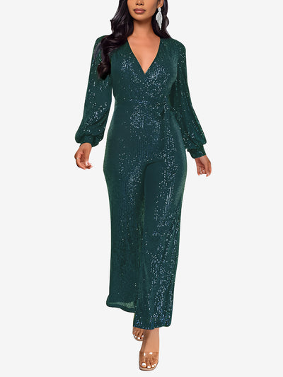 Deep V Neck Sequin Glitter Belted Long Sleeves Jumpsuits