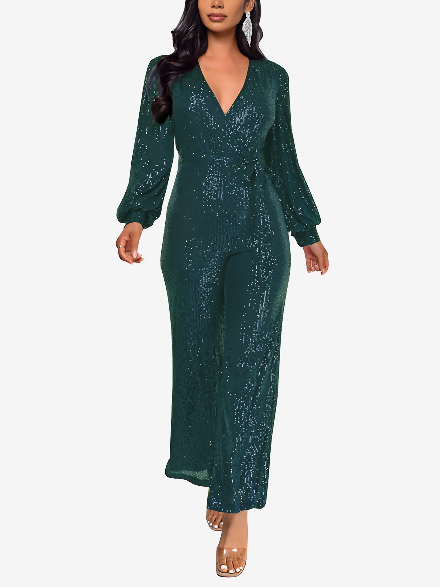 Allegra K Deep V Neck Sequin Glitter Belted Long Sleeves Jumpsuits