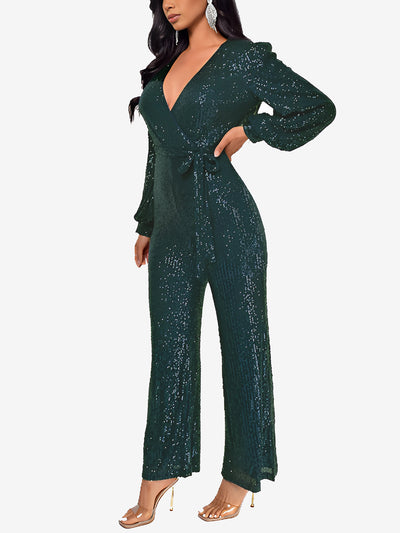 Deep V Neck Sequin Glitter Belted Long Sleeves Jumpsuits