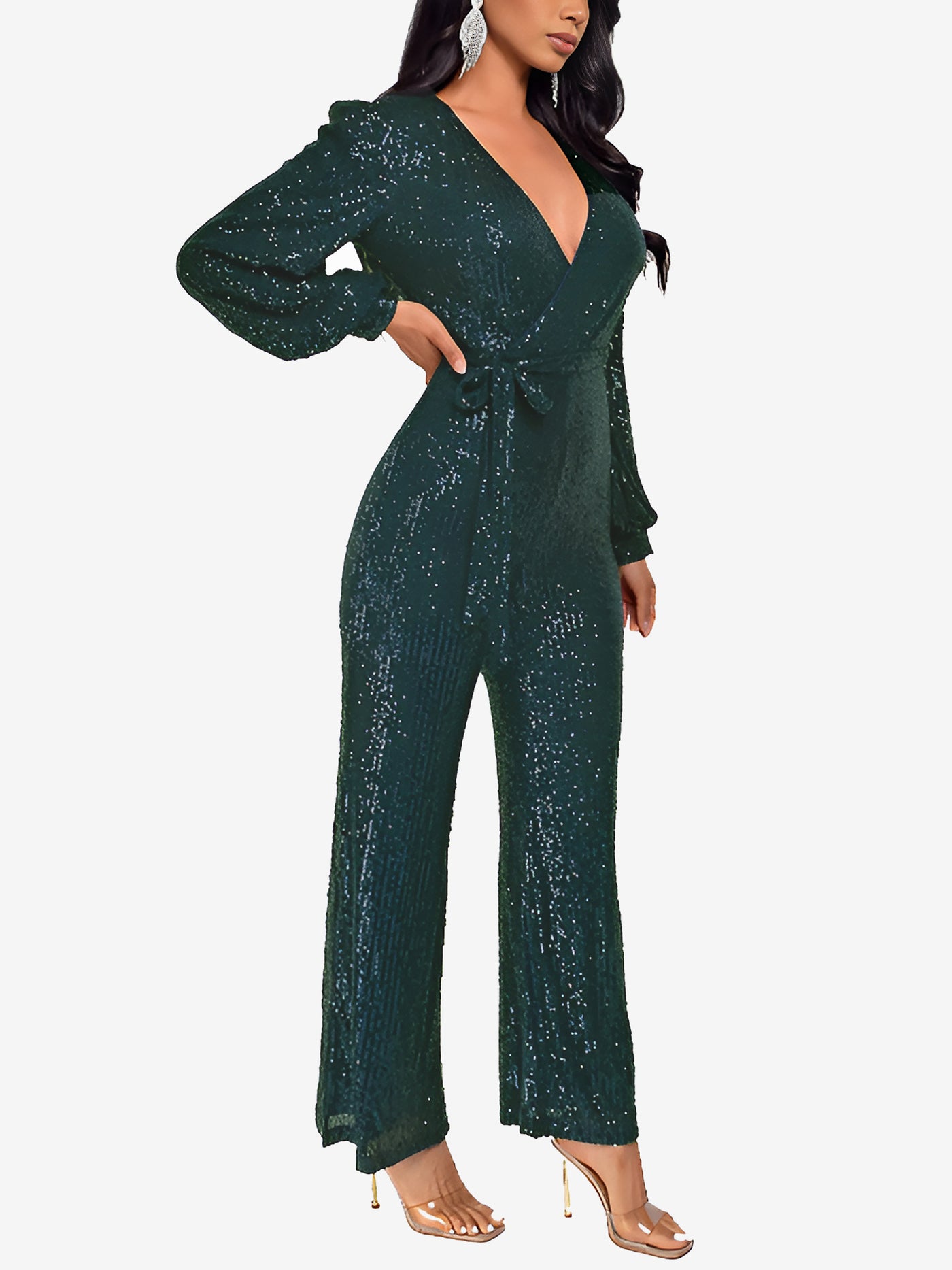 Allegra K Deep V Neck Sequin Glitter Belted Long Sleeves Jumpsuits