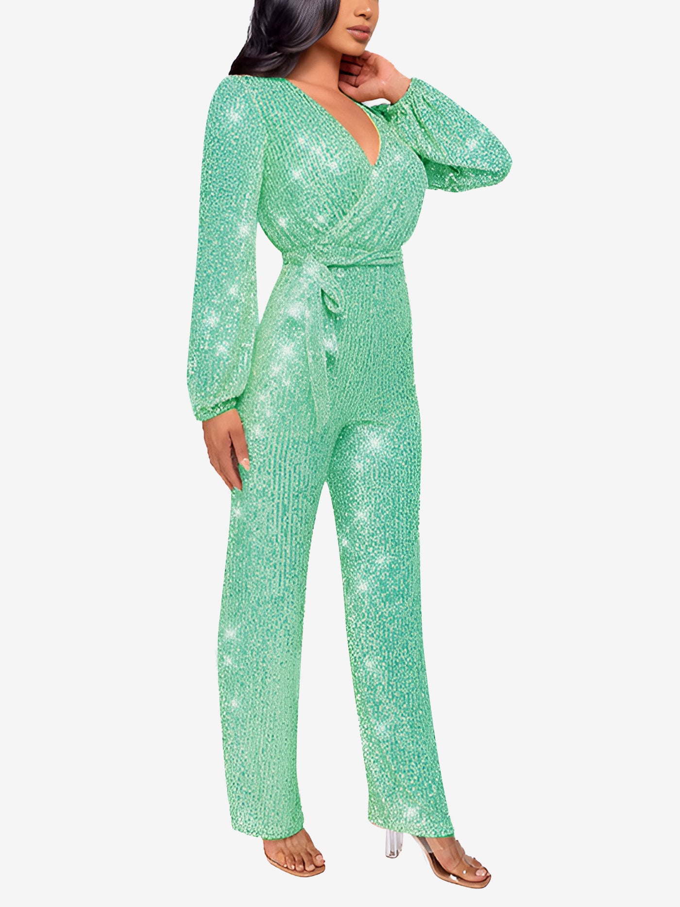 Allegra K Deep V Neck Sequin Glitter Belted Long Sleeves Jumpsuits