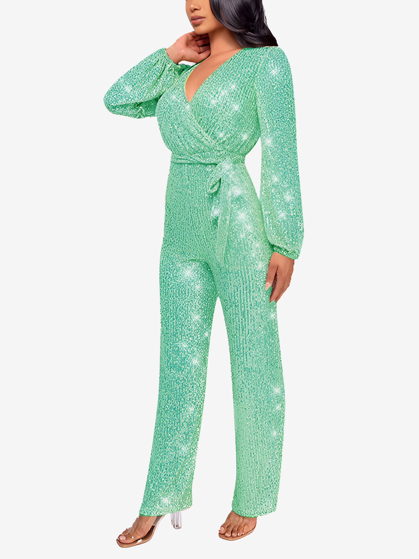 Allegra K Deep V Neck Sequin Glitter Belted Long Sleeves Jumpsuits