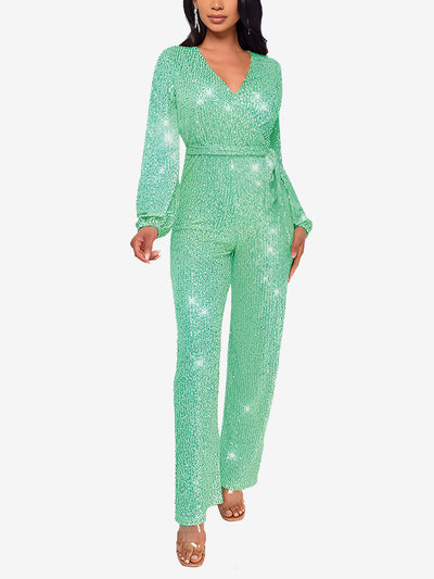 Deep V Neck Sequin Glitter Belted Long Sleeves Jumpsuits