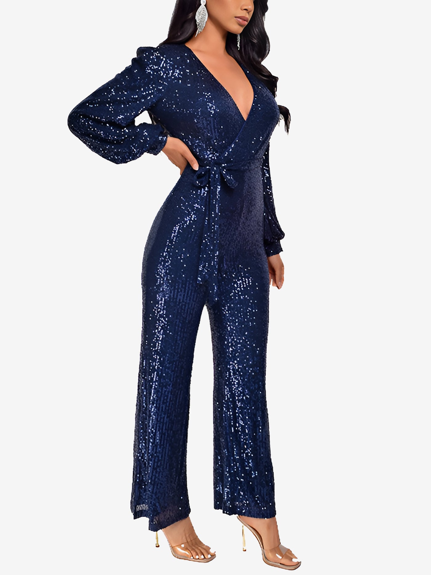 Allegra K Deep V Neck Sequin Glitter Belted Long Sleeves Jumpsuits