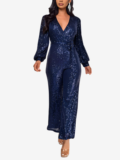 Deep V Neck Sequin Glitter Belted Long Sleeves Jumpsuits