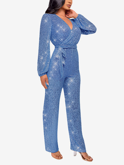 Deep V Neck Sequin Glitter Belted Long Sleeves Jumpsuits