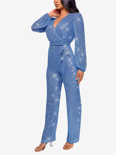 Deep V Neck Sequin Glitter Belted Long Sleeves Jumpsuits