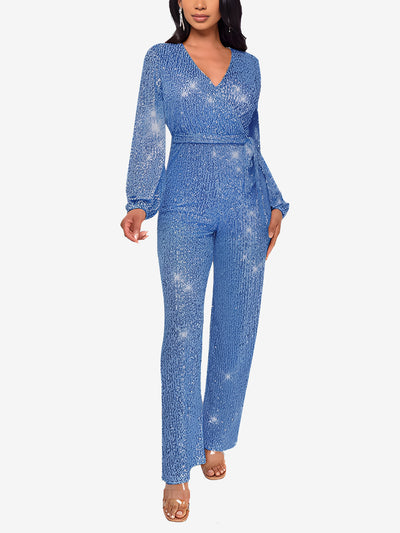 Deep V Neck Sequin Glitter Belted Long Sleeves Jumpsuits