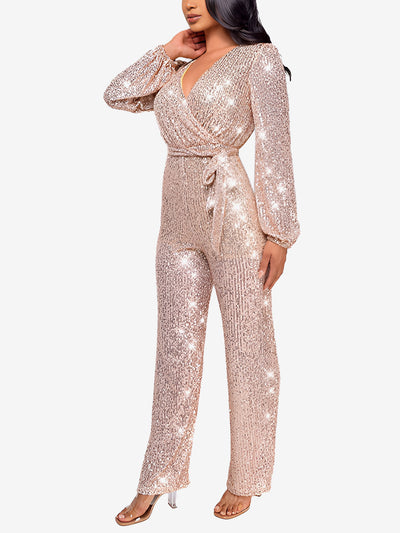 Deep V Neck Sequin Glitter Belted Long Sleeves Jumpsuits