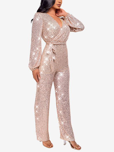 Deep V Neck Sequin Glitter Belted Long Sleeves Jumpsuits