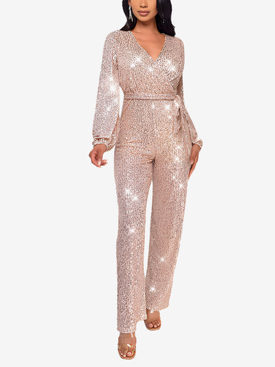 Deep V Neck Sequin Glitter Belted Long Sleeves Jumpsuits