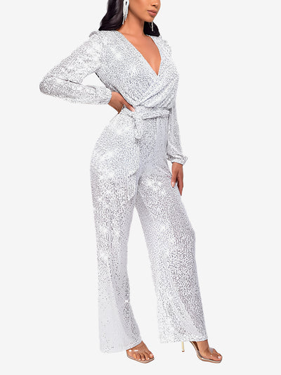 Deep V Neck Sequin Glitter Belted Long Sleeves Jumpsuits