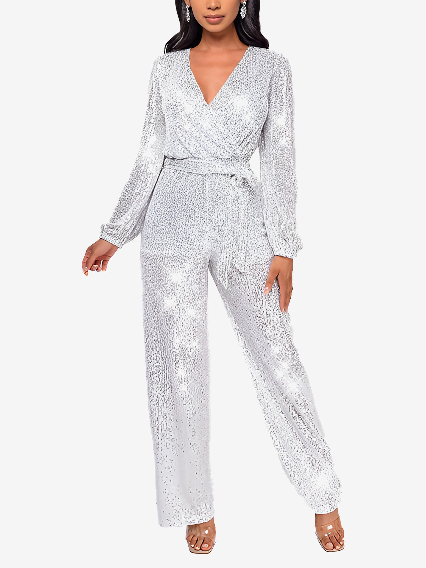 Allegra K Deep V Neck Sequin Glitter Belted Long Sleeves Jumpsuits