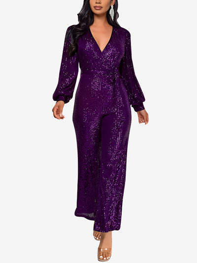 Deep V Neck Sequin Glitter Belted Long Sleeves Jumpsuits