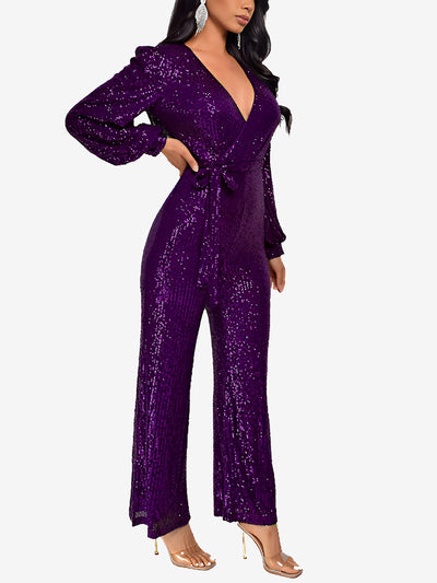 Deep V Neck Sequin Glitter Belted Long Sleeves Jumpsuits