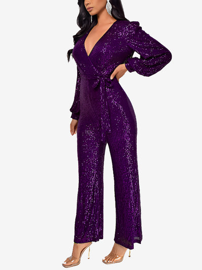 Deep V Neck Sequin Glitter Belted Long Sleeves Jumpsuits