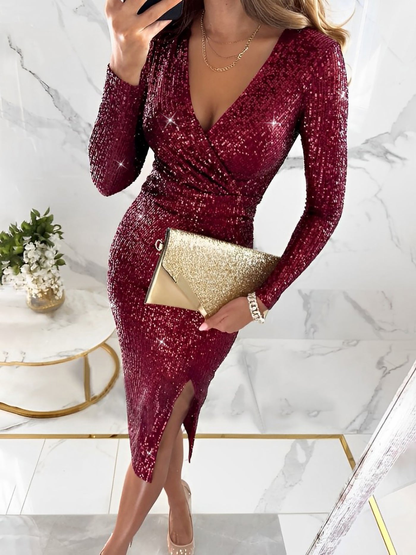 Allegra K Sequin Glitter Silt Long Sleeves Bodycon Midi Dress