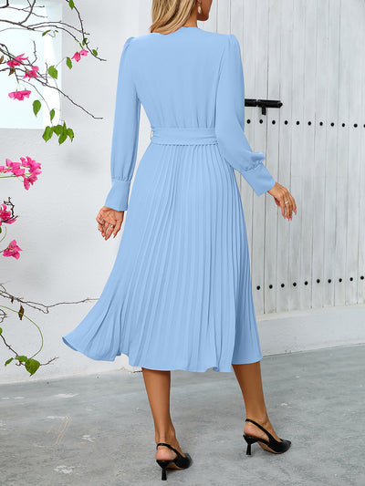 V Neck Long Sleeves Belted Pleated A-Line Midi Dress