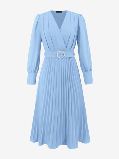 V Neck Long Sleeves Belted Pleated A-Line Midi Dress