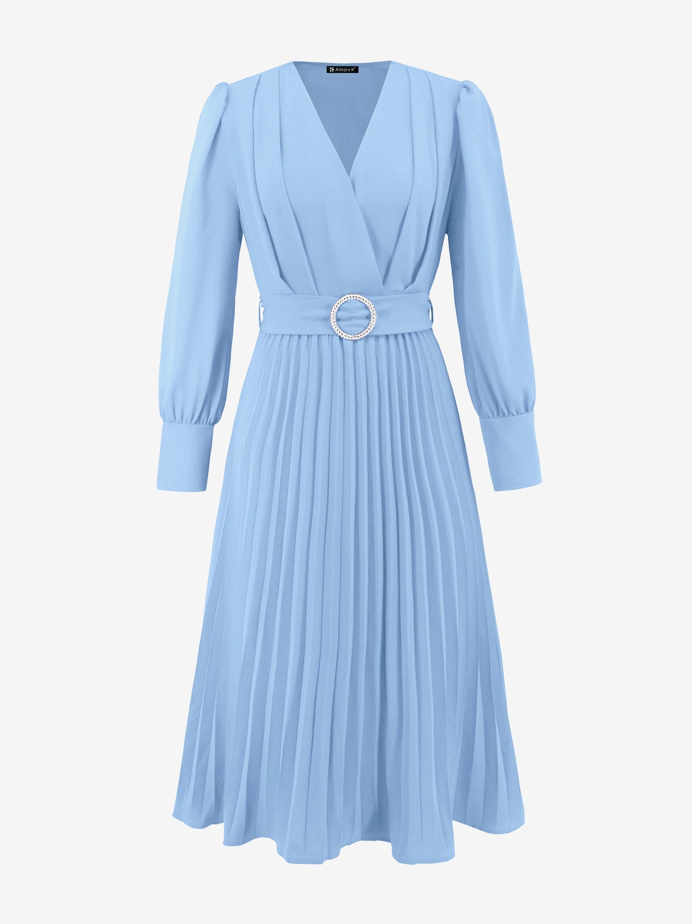 Allegra K V Neck Long Sleeves Belted Pleated A-Line Midi Dress